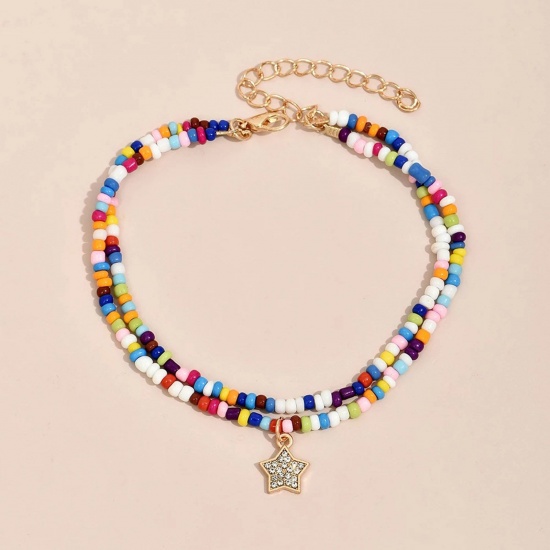 Picture of Resin Boho Chic Bohemia Double Layer Anklet Gold Plated Pentagram Star Clear Rhinestone Beaded 27cm long, 1 Piece