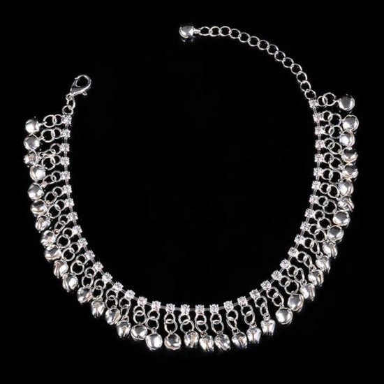 Picture of Ethnic Anklet Silver Tone Bell Tassel Clear Rhinestone 26.5cm(10 3/8") long, 1 Piece
