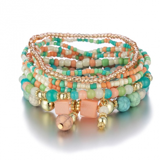 Image de Bracelets Raffinés Bracelets Délicats Bracelet de Perles Style Bohème en Acrylique Multicolore Cube Elastique 18cm long, 1 Kit ( 8 Pcs/Kit)