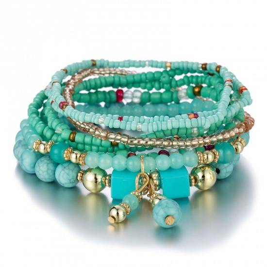 Image de Bracelets Raffinés Bracelets Délicats Bracelet de Perles Style Bohème en Acrylique Bleu Lac Cube Elastique 18cm long, 1 Kit ( 8 Pcs/Kit)
