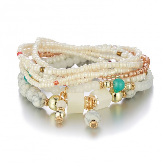 Image de Bracelets Raffinés Bracelets Délicats Bracelet de Perles Style Bohème en Acrylique Beige Cube Elastique 18cm long, 1 Kit ( 8 Pcs/Kit)