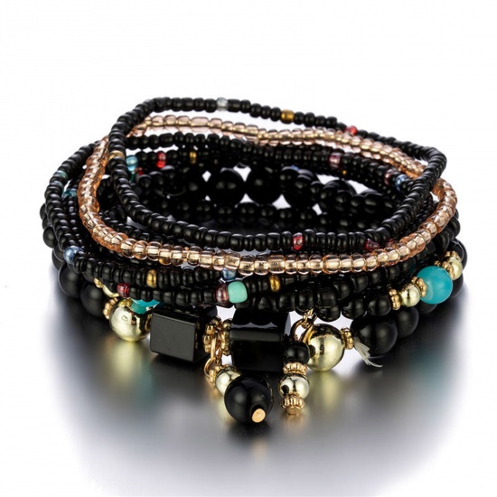 Image de Bracelets Raffinés Bracelets Délicats Bracelet de Perles Style Bohème en Acrylique Noir Cube Elastique 18cm long, 1 Kit ( 8 Pcs/Kit)
