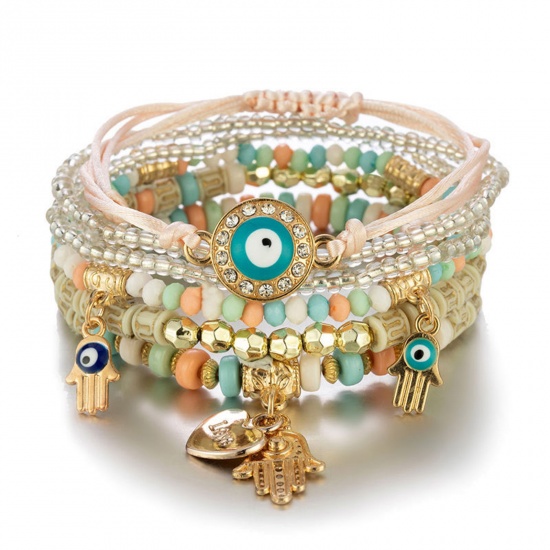 Image de Bracelets Raffinés Bracelets Délicats Bracelet de Perles Style Bohème en Acrylique Multicolore Mauvais Œil Khamsa Symbole Paume Elastique 18cm long, 1 Kit ( 6 Pcs/Kit)