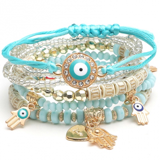Image de Bracelets Raffinés Bracelets Délicats Bracelet de Perles Style Bohème en Acrylique Bleu Lac Mauvais Œil Khamsa Symbole Paume Elastique 18cm long, 1 Kit ( 6 Pcs/Kit)