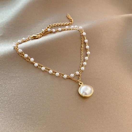 Bild von Kupfer Exquisit Mehrschichtiges Armband Vergoldet Rund Imitat Perle 17cm lang, 1 Strang