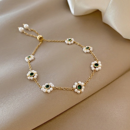 Picture of Copper Exquisite Adjustable Slider/ Slide Bolo Bracelets Gold Plated Flower Imitation Pearl Dark Green Rhinestone 17cm(6 6/8") long, 1 Piece