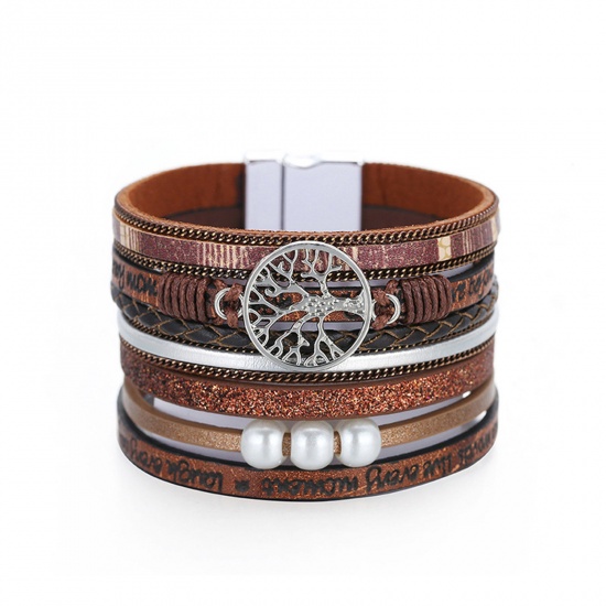 Picture of PU Leather Boho Chic Bohemia Multilayer Slake Bracelets Silver Tone Brown Tree of Life With Magnetic Clasp 19.5cm(7 5/8") long, 1 Piece