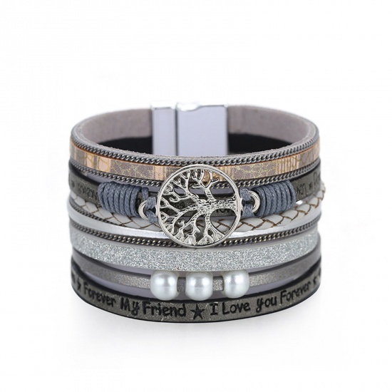 Picture of PU Leather Boho Chic Bohemia Multilayer Slake Bracelets Silver Tone Gray Tree of Life With Magnetic Clasp 19.5cm(7 5/8") long, 1 Piece