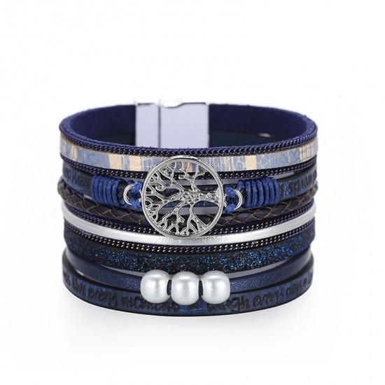 Picture of PU Leather Boho Chic Bohemia Multilayer Slake Bracelets Silver Tone Royal Blue Tree of Life With Magnetic Clasp 19.5cm(7 5/8") long, 1 Piece