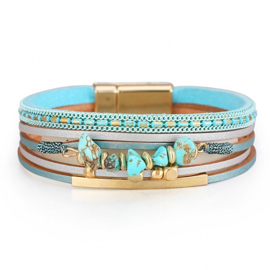 Picture of PU Leather Boho Chic Bohemia Multilayer Slake Bracelets Gold Plated Blue Chip Beads With Magnetic Clasp 19.5cm(7 5/8") long, 1 Piece