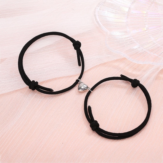 Picture of Polyamide Nylon Couple Waved String Braided Friendship Bracelets Silver Tone Black Heart Magnetic 26cm - 14cm long, 1 Set ( 2 PCs/Set)