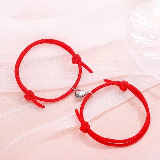 Picture of Polyamide Nylon Couple Waved String Braided Friendship Bracelets Silver Tone Red Heart Magnetic 26cm - 14cm long, 1 Set ( 2 PCs/Set)