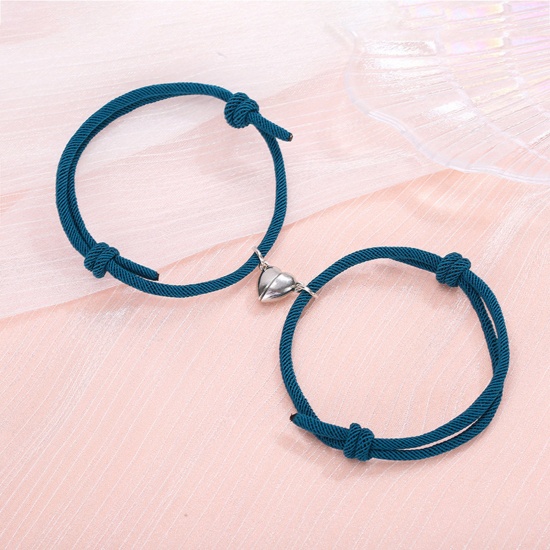 Picture of Polyamide Nylon Couple Waved String Braided Friendship Bracelets Silver Tone Peacock Blue Heart Magnetic 26cm - 14cm long, 1 Set ( 2 PCs/Set)