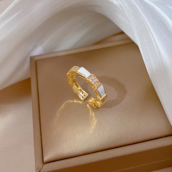 Immagine di Rame Squisito Aperto Regolabile Anello Oro Placcato Bianco Smalto Forma di Bambù 16.5mm (taglia di US: 6), 1 Pz