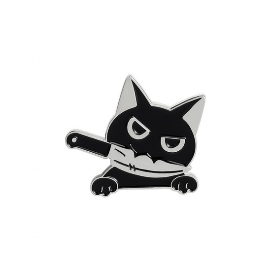 Picture of Cute Pin Brooches Knife Cat Black Enamel 2.8cm x 2.8cm, 1 Piece