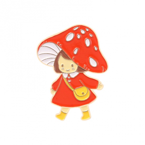 Bild von Niedlich Brosche Mädchen Pilz Vergoldet Rot Emaille 2.8cm x 2cm, 1 Stück
