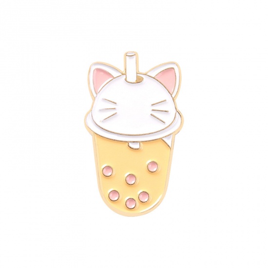 Picture of Cute Pin Brooches Cat Animal Beverages Gold Plated Orange Enamel 2.8cm x 1.5cm, 1 Piece