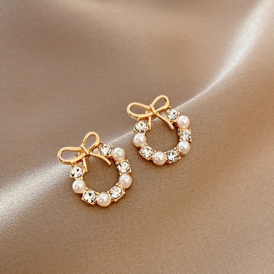 Picture of Ins Style Ear Post Stud Earrings Gold Plated Bowknot Round Clear Rhinestone Imitation Pearl 1.3cm x 1.1cm, 1 Pair
