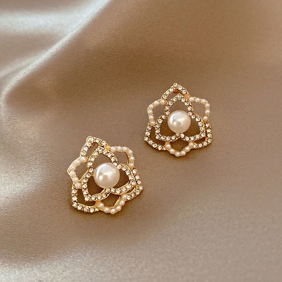 Picture of Ins Style Ear Post Stud Earrings Gold Plated Flower Clear Rhinestone Imitation Pearl 19mm x 19mm, 1 Pair