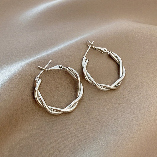 Picture of Stylish Hoop Earrings Silver Tone Braided 3.1cm x 2.6cm, 1 Pair