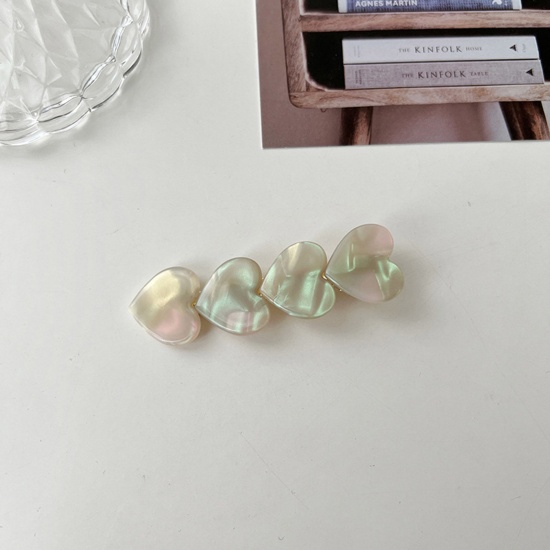 Picture of Acetic Acid Resin Acetate Acrylic Acetimar Marble Retro Hair Clips Gold Plated Light Khaki Heart 6.9cm x 2cm, 1 Piece