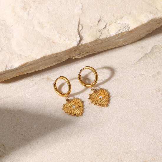 Immagine di San Valentino Elegante Orecchini Circolari All'Ingrosso, Cuore Occhi 18K Vero Oro Placcato 304 Acciaio Inossidabile, Donne PVD Ecologica Impermeabile Anti-Ossidante Ipoallergenico Regalo Fornitura di Gioielli, 3.1cm x 1.4cm, 1 Paio