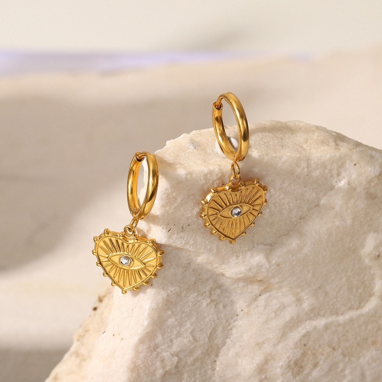 Immagine di San Valentino Elegante Orecchini Circolari All'Ingrosso, Cuore Occhi 18K Vero Oro Placcato 304 Acciaio Inossidabile, Donne PVD Ecologica Impermeabile Anti-Ossidante Ipoallergenico Regalo Fornitura di Gioielli, 3.1cm x 1.4cm, 1 Paio