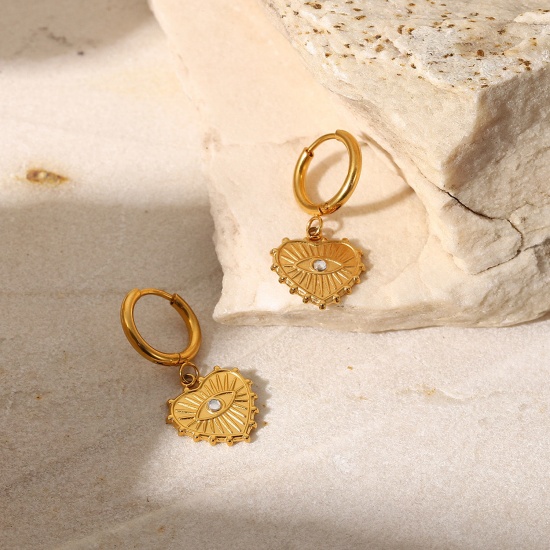 Immagine di San Valentino Elegante Orecchini Circolari All'Ingrosso, Cuore Occhi 18K Vero Oro Placcato 304 Acciaio Inossidabile, Donne PVD Ecologica Impermeabile Anti-Ossidante Ipoallergenico Regalo Fornitura di Gioielli, 3.1cm x 1.4cm, 1 Paio