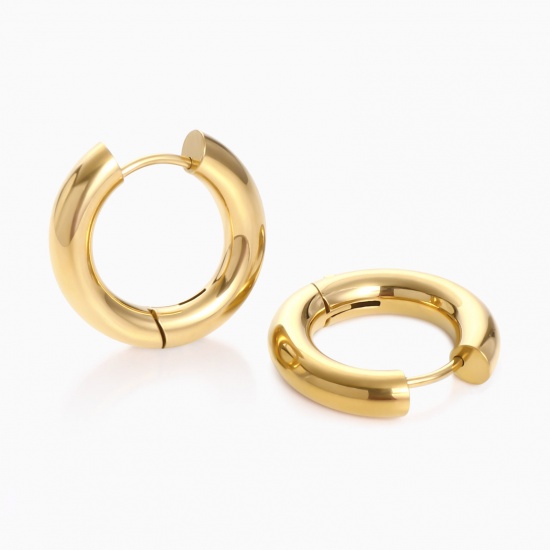 Image de 1 Paire Boucles d'Oreilles Créoles Exquis en 304 Acier Inoxydable Respectueux de la Nature À la Mode Plaqué Or Véritable 18K Cadeau Pour Femmes 19mm Dia.