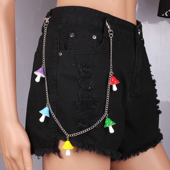 Picture of Acrylic Hip-Hop Keychain Waist Pants Trousers Chain Jewelry Mushroom Silver Tone Multicolor 50cm(19 5/8") long, 1 Piece