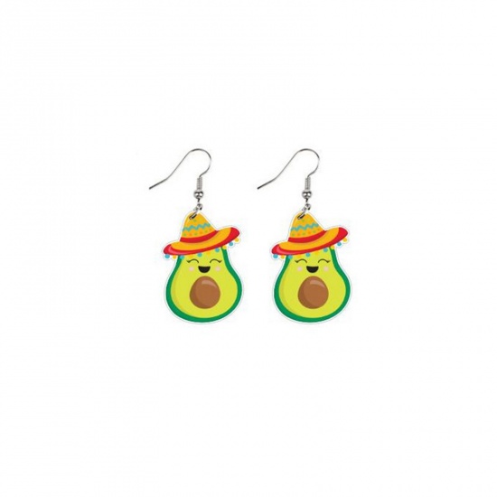 Picture of Acrylic Mexico Ethnic Ear Wire Hook Earrings Silver Tone Green Avocado Fruit 5.3cm x 3.1cm, 1 Pair
