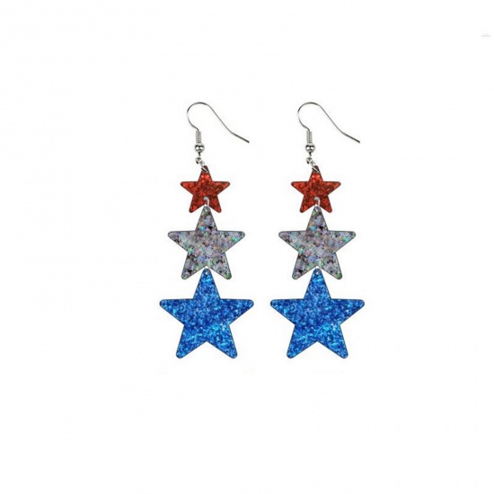 Picture of Acrylic American Independence Day Ear Wire Hook Earrings Silver Tone Multicolor Tassel Star 8cm x 2.4cm, 1 Pair