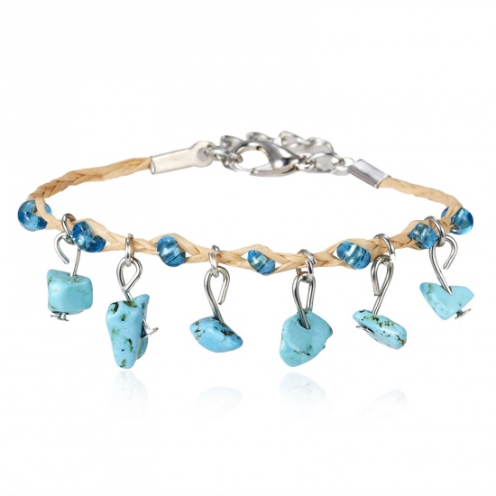 Image de Bracelets Tressés Style Bohème en Turquoise Imitation Argent Mat Bleu Chips Perles Franges Réglable 17cm Long, 1 Pièce