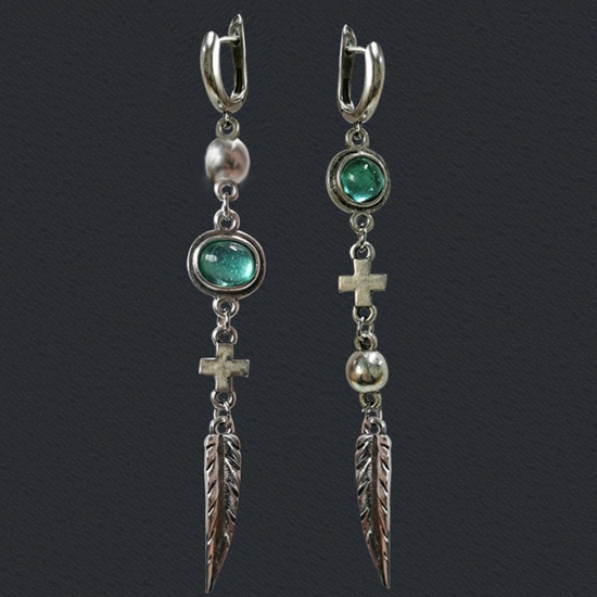 Picture of Retro Boho Chic Bohemia Asymmetric Earrings Gray Green Tassel Feather Imitation Gemstones 9.9cm, 1 Pair