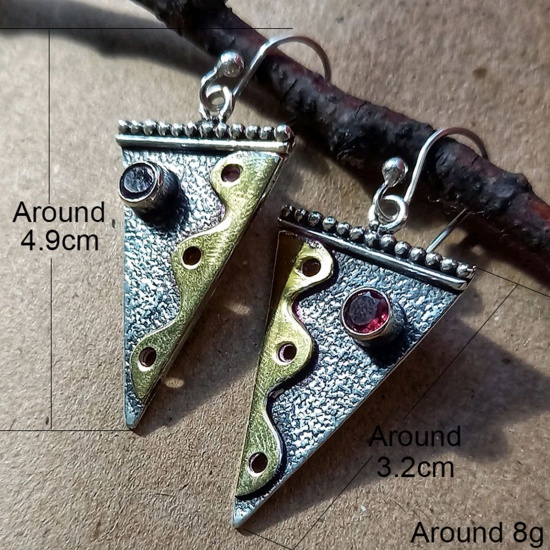 Picture of Boho Chic Bohemia Asymmetric Earrings Antique Silver Color Triangle Wave Purple Cubic Zirconia 4.9cm, 1 Pair
