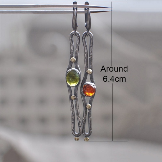 Picture of Retro Boho Chic Bohemia Asymmetric Earrings Antique Silver Color Red & Green Paper Clip Round Imitation Gemstones 6.4cm, 1 Pair