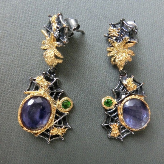 Picture of Retro Boho Chic Bohemia Earrings Gold Plated Purple Halloween Cobweb Round Imitation Gemstones Green Rhinestone 4.4cm, 1 Pair