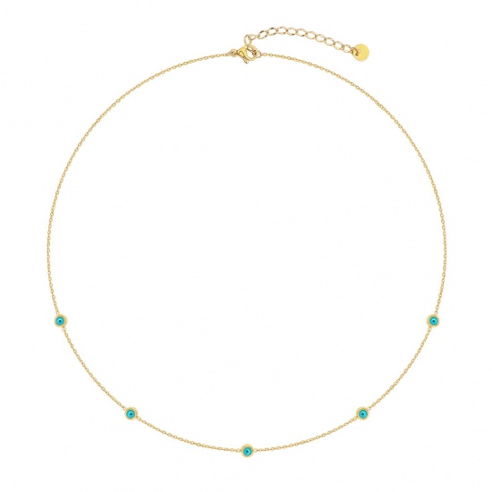 Picture of Wholesale Green Blue Enamel Link Cable Chain Station Necklace, 14K Real Gold Plated 304 Stainless Steel, Women's Eco-friendly PVD Waterproof Anti-Tarnish Hypoallergenic Exquisite Stylish Gift Jewelry For Retailer, 45cm(17.7") + 5cm(2") long, 1 Piece