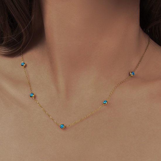 Picture of Wholesale Green Blue Enamel Link Cable Chain Station Necklace, 14K Real Gold Plated 304 Stainless Steel, Women's Eco-friendly PVD Waterproof Anti-Tarnish Hypoallergenic Exquisite Stylish Gift Jewelry For Retailer, 45cm(17.7") + 5cm(2") long, 1 Piece