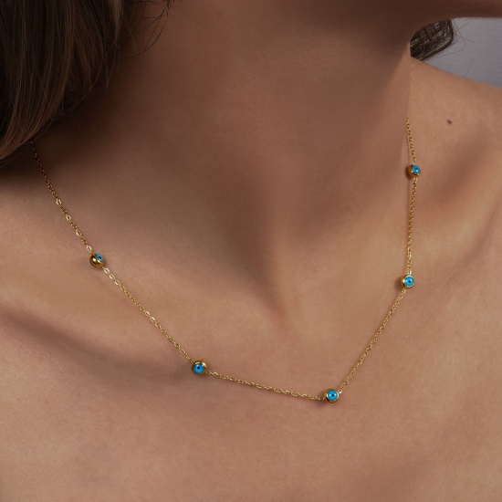 Picture of Wholesale Green Blue Enamel Link Cable Chain Station Necklace, 14K Real Gold Plated 304 Stainless Steel, Women's Eco-friendly PVD Waterproof Anti-Tarnish Hypoallergenic Exquisite Stylish Gift Jewelry For Retailer, 45cm(17.7") + 5cm(2") long, 1 Piece