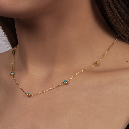 Picture of Wholesale Green Blue Enamel Link Cable Chain Station Necklace, 14K Real Gold Plated 304 Stainless Steel, Women's Eco-friendly PVD Waterproof Anti-Tarnish Hypoallergenic Exquisite Stylish Gift Jewelry For Retailer, 45cm(17.7") + 5cm(2") long, 1 Piece