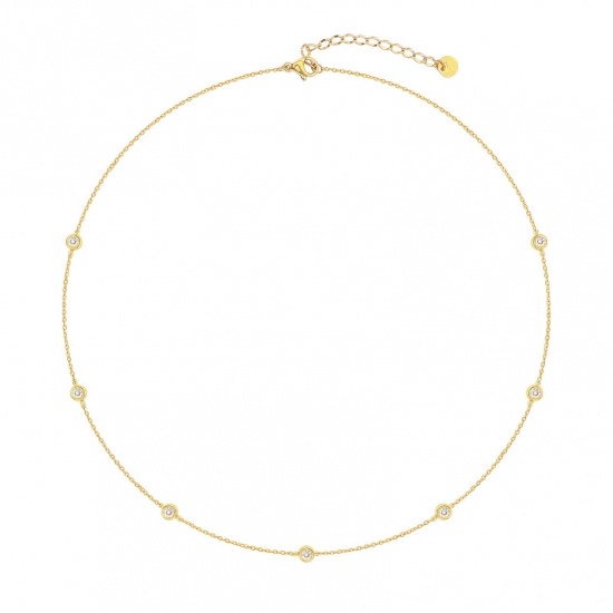 Picture of Wholesale Clear Cubic Zirconia Link Cable Chain Station Necklace, 14K Real Gold Plated 304 Stainless Steel, Women's Eco-friendly PVD Waterproof Anti-Tarnish Hypoallergenic Exquisite Stylish Gift Jewelry For Retailer, 45cm(17.7") + 5cm(2") long, 1 Piece