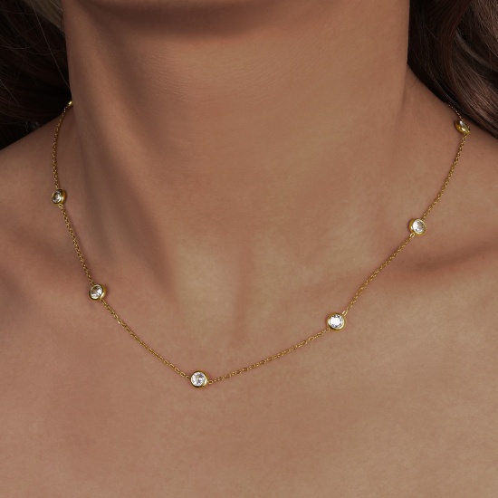 Picture of Wholesale Clear Cubic Zirconia Link Cable Chain Station Necklace, 14K Real Gold Plated 304 Stainless Steel, Women's Eco-friendly PVD Waterproof Anti-Tarnish Hypoallergenic Exquisite Stylish Gift Jewelry For Retailer, 45cm(17.7") + 5cm(2") long, 1 Piece