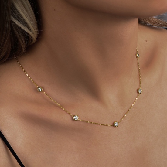 Picture of Wholesale Clear Cubic Zirconia Link Cable Chain Station Necklace, 14K Real Gold Plated 304 Stainless Steel, Women's Eco-friendly PVD Waterproof Anti-Tarnish Hypoallergenic Exquisite Stylish Gift Jewelry For Retailer, 45cm(17.7") + 5cm(2") long, 1 Piece