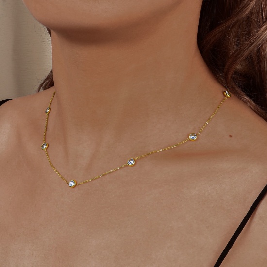 Picture of Wholesale Clear Cubic Zirconia Link Cable Chain Station Necklace, 14K Real Gold Plated 304 Stainless Steel, Women's Eco-friendly PVD Waterproof Anti-Tarnish Hypoallergenic Exquisite Stylish Gift Jewelry For Retailer, 45cm(17.7") + 5cm(2") long, 1 Piece