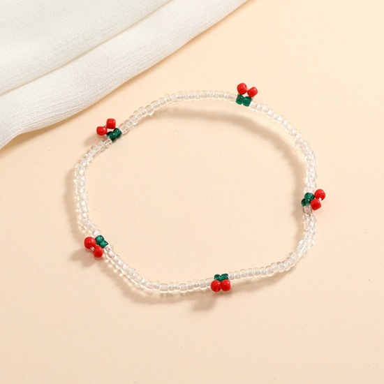 Picture of Glass Boho Chic Bohemia Beaded Anklet Transparent Clear Round Cherry Fruit 21cm(8 2/8") long, 1 Piece