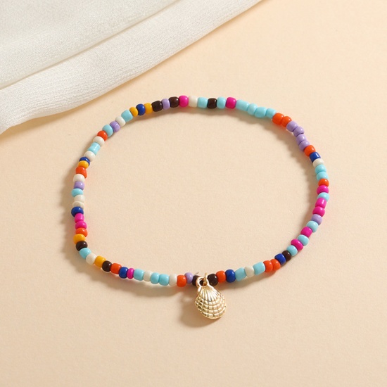 Picture of Glass Boho Chic Bohemia Beaded Anklet Gold Plated Multicolor Round Shell 21cm(8 2/8") long, 1 Piece
