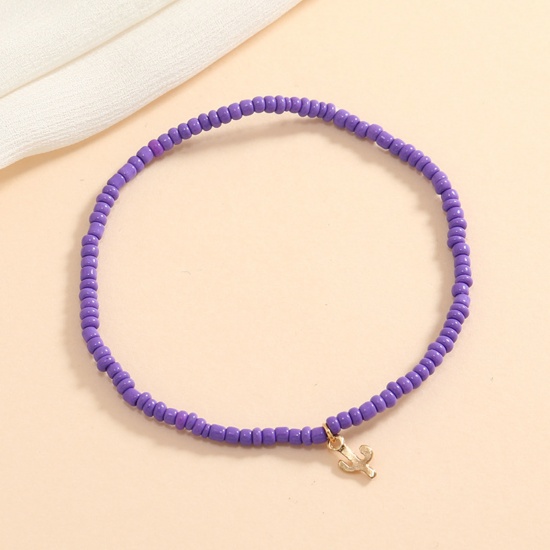 Picture of Glass Boho Chic Bohemia Beaded Anklet Gold Plated Purple Round Cactus 21cm(8 2/8") long, 1 Piece