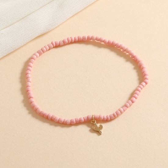 Picture of Glass Boho Chic Bohemia Beaded Anklet Gold Plated Pink Round Cactus 21cm(8 2/8") long, 1 Piece