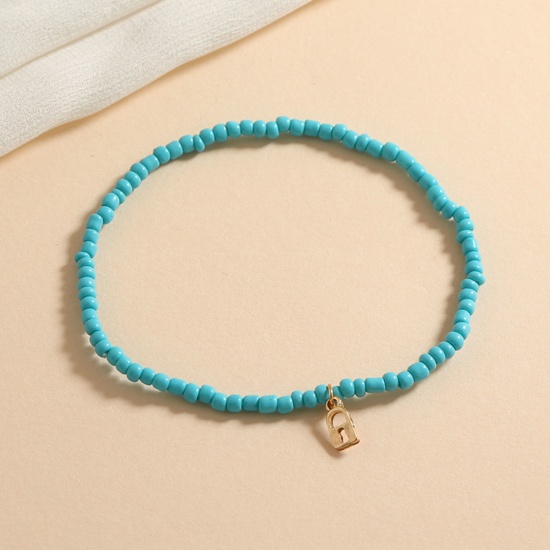 Image de Bracelet de Cheville Perlé Style Bohème en Verre Doré Bleu Rond Serrure 21cm long, 1 Pièce